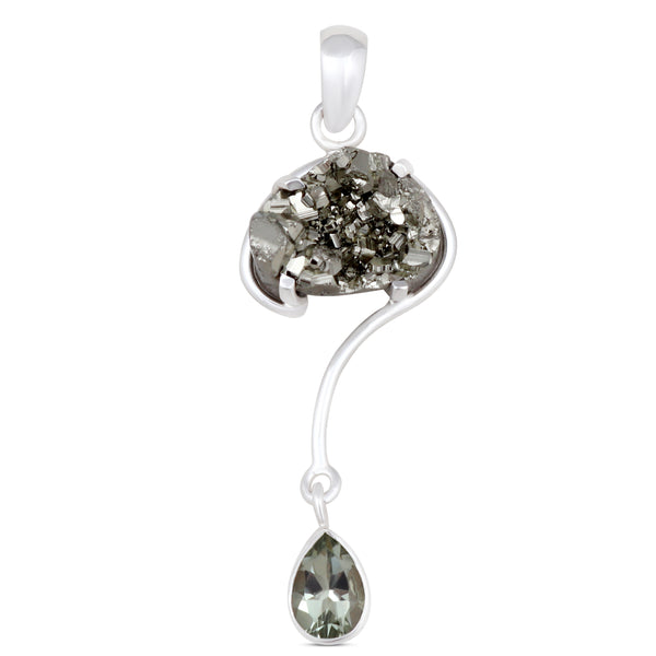 Pyrite Druzy & Green Amethyst Silver Pendant
