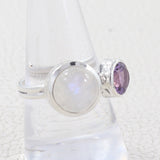 Natural Rainbow Moonstone & Amethyst Silver Ring