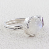 Natural Rainbow Moonstone & Amethyst Silver Ring