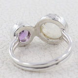 Natural Rainbow Moonstone & Amethyst Silver Ring