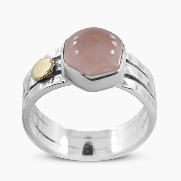 Rose Quartz Hexagon Cut Silver Rings