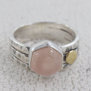 Natural Hexagon Cut Rose Quartz Sterling Silver Ring Jewelry