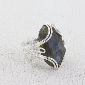 Natural Labradorite Sterling Silver Wire Wrapper Ring