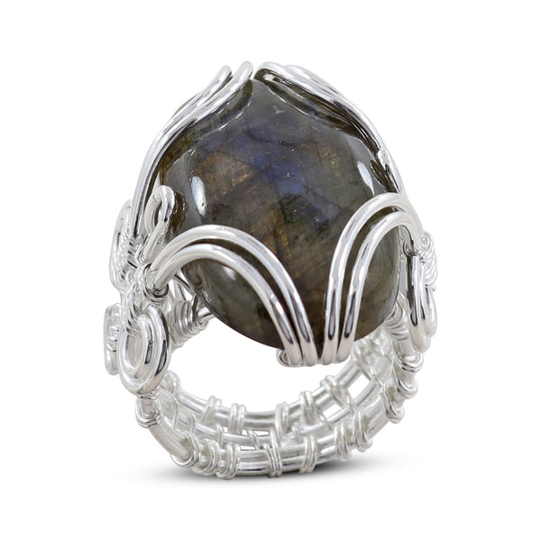 Natural Labradorite Sterling Silver Wire Wrapper Ring