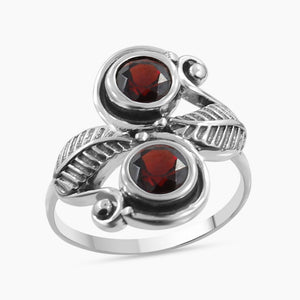 Garnet Ring 925 Sterling Silver Leaf Pattern Women Ring