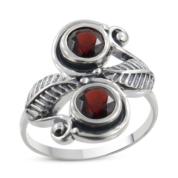 Garnet Ring 925 Sterling Silver Leaf Pattern Women Ring