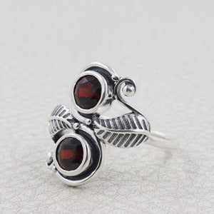 Garnet Ring 925 Sterling Silver Leaf Pattern Women Ring