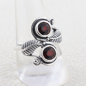 Garnet Ring 925 Sterling Silver Leaf Pattern Women Ring