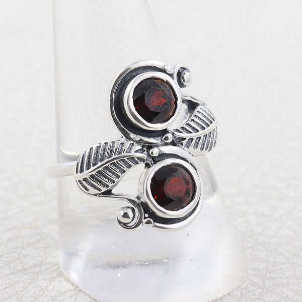 Garnet Ring 925 Sterling Silver Leaf Pattern Women Ring