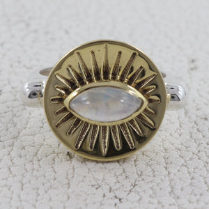 Marquise Rainbow Moonstone Silver Ring With Gold Plating