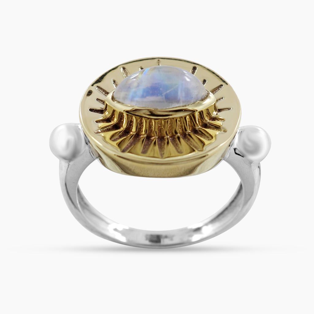 Marquise Rainbow Moonstone Silver Ring With Gold Plating