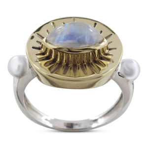 Marquise Rainbow Moonstone Silver Ring With Gold Plating