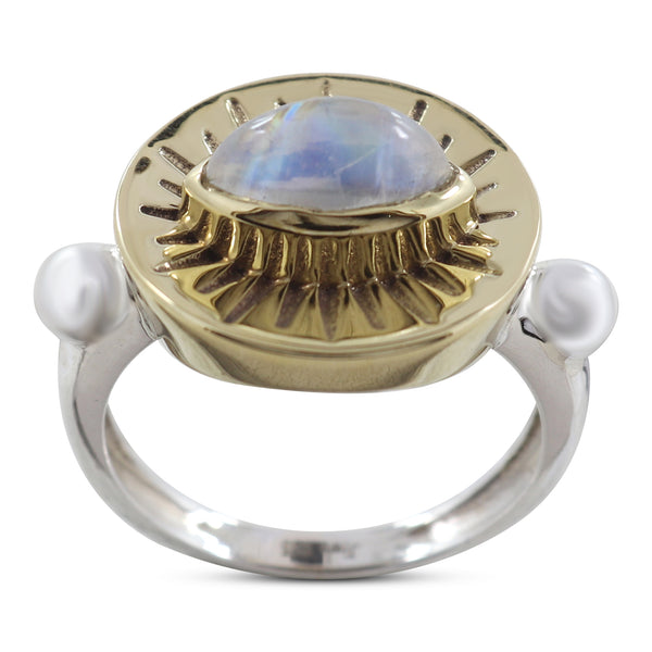Marquise Rainbow Moonstone Silver Ring With Gold Plating