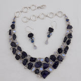 Natural Sapphire Rough Necklace with Earrings Silver Necklace Set