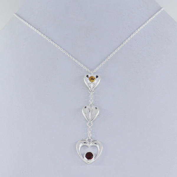 Natural Citrine & Garnet Heart Shape Sterling Silver Chain Necklace Jewelry