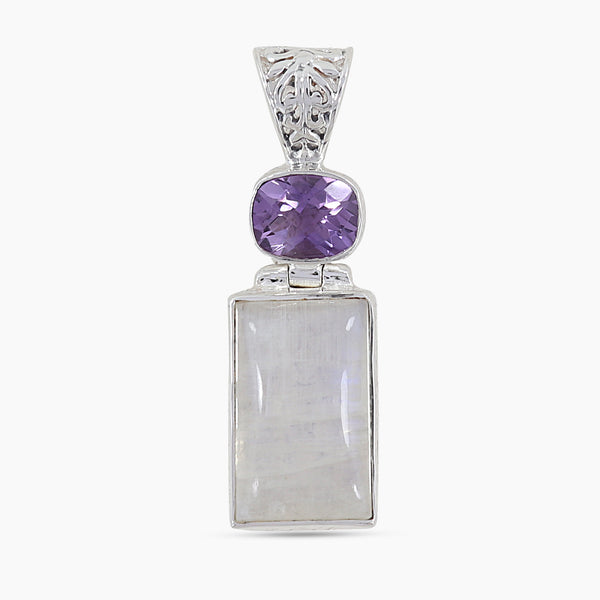 Rainbow Moonstone & Amethyst Silver Pendants