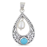 Mexican Turquoise With Pearl Sterling Silver Drop Pendant