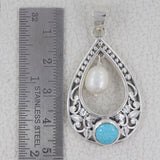 Mexican Turquoise With Pearl Sterling Silver Drop Pendant