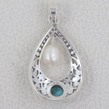 Mexican Turquoise With Pearl Sterling Silver Drop Pendant