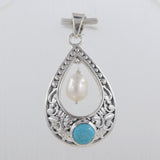 Mexican Turquoise With Pearl Sterling Silver Drop Pendant